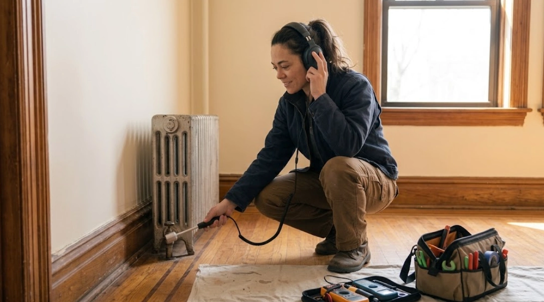 Technician using acoustic listening equipment for non-invasive hidden water leak detection along baseboards