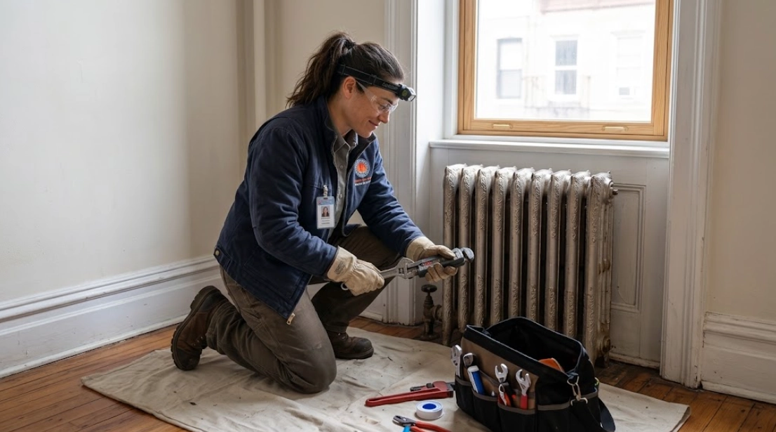 Plumbing technician inspecting and replacing heavy piping valves and connections